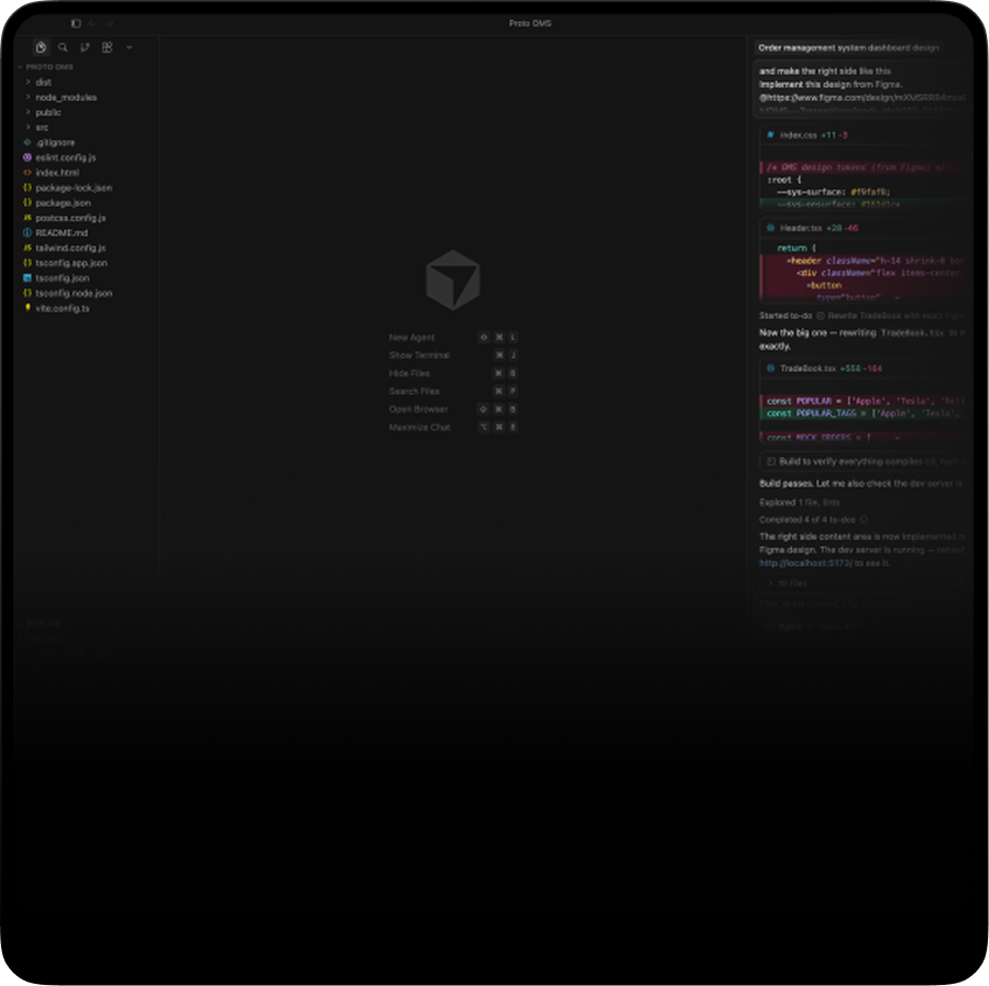 Cursor IDE with agent panel building Proto OMS